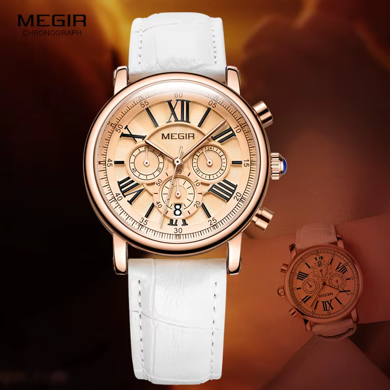Megir montre chronographe à Quartz pour femme avec 24 heures et affichage du calendrier bracelet en cuir blanc chronomètres pour dames 2058L