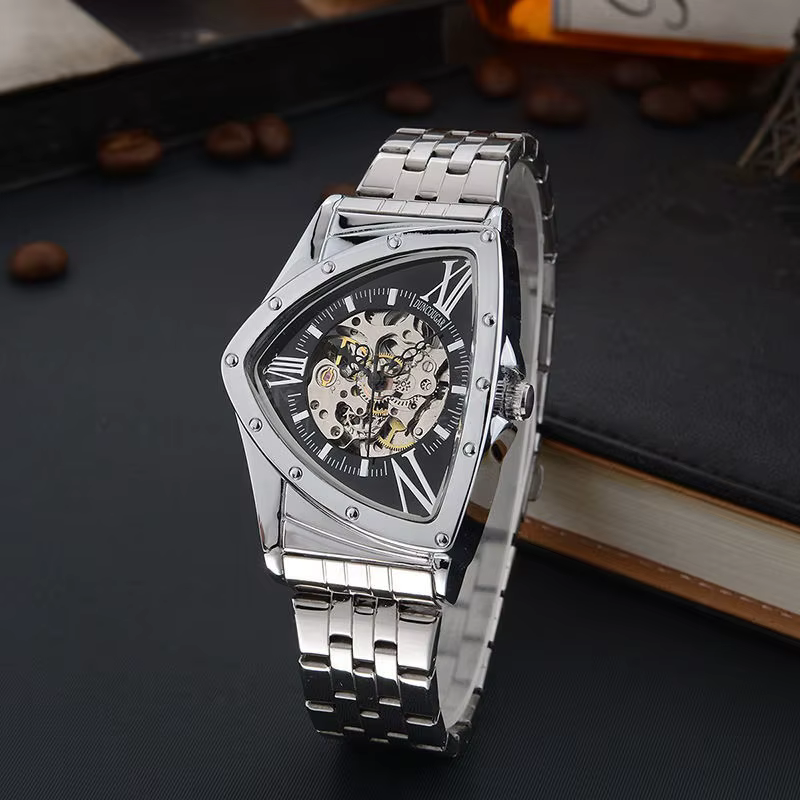 Hommes montre creux triangulaire mécanique montres en acier inoxydable hommes montres marque de mode hommes horloge mâle livraison directe!! !