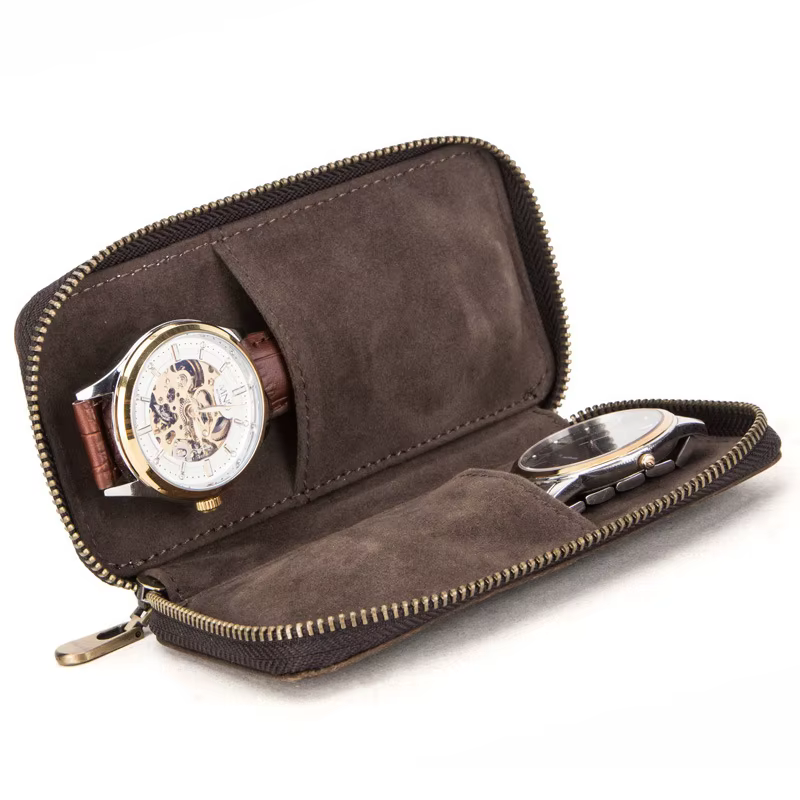 Boîte de montre en cuir rustique à 2 fentes
