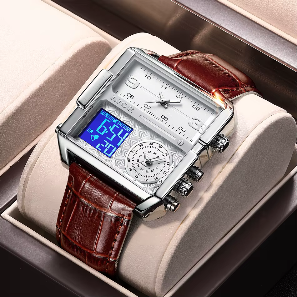 LIGE 2025 Top marque de luxe hommes montres carré numérique sport Quartz montre-bracelet