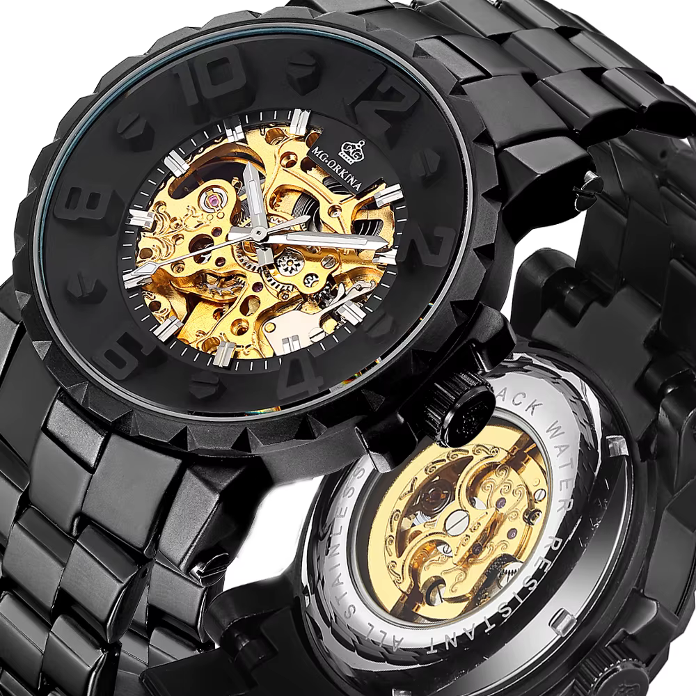 ORKINA montres pour hommes de luxe haut de gamme en acier inoxydable noir 3ATM étanche automatique auto-vent squelette