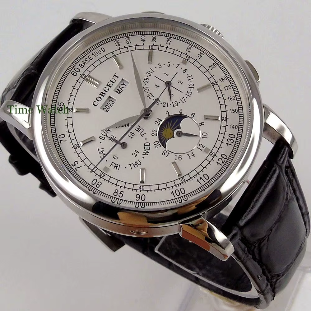 42mm Corgeut montre automatique pour hommes montres mécaniques jour Date mois année calendrier multi-fonction 316L jour-nuit bracelet en cuir