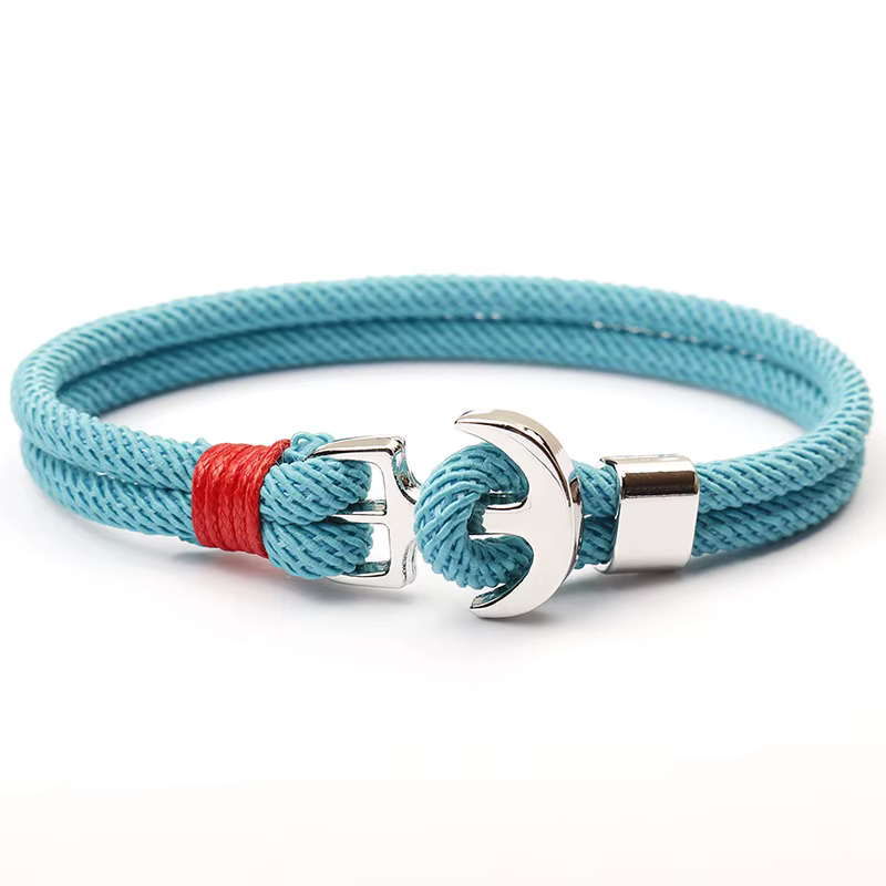 Bracelet en corde tressée pour hommes, ancre nautique, bicouche, couleur argent, crochet de qualité A, cordon Minlan, Bracelet d'enveloppe, bijoux de plage, de surf