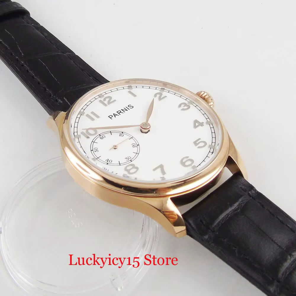 Montre-bracelet ronde à remontage manuel en or rose pour homme, cadran blanc, mouvement à main 6497, 44mm