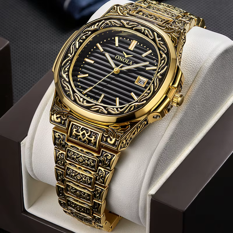ONOLA rétro haut de gamme montre à Quartz hommes montre-bracelet étanche mode décontracté doré classique calendrier