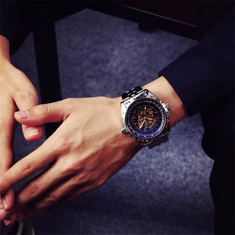 JARAGAR montres squelette doré hommes marque de luxe argent acier inoxydable Auto-vent montre mécanique Sport Relogio Masculino