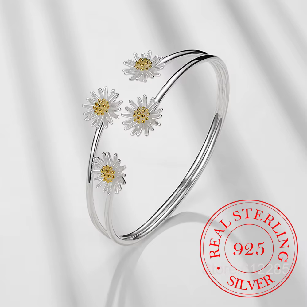 Bracelet manchette réglable en argent Sterling 925 véritable pour femmes, breloque fleur de marguerite, élégant, bijoux cadeau de fête de mariage