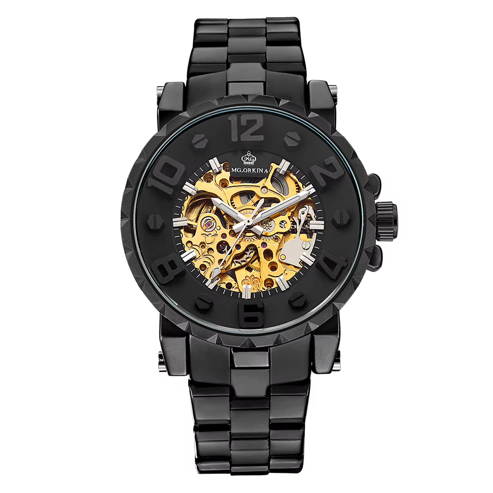 ORKINA montres pour hommes de luxe haut de gamme en acier inoxydable noir 3ATM étanche automatique auto-vent squelette