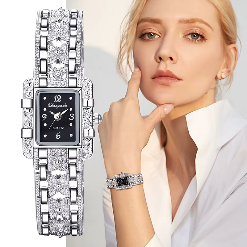 Femmes montre Rectangle cadran argent acier inoxydable cristal montres mode Quartz