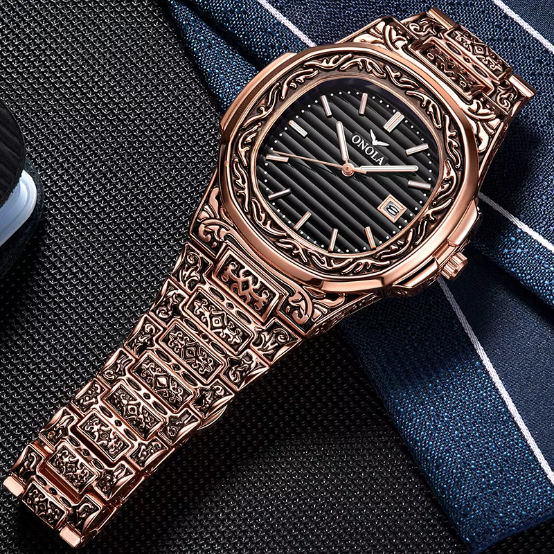 ONOLA rétro haut de gamme montre à Quartz hommes montre-bracelet étanche mode décontracté doré classique calendrier