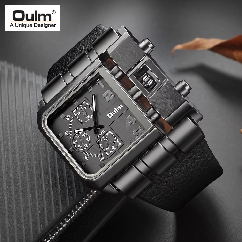Oulm – montre à grand cadran carré en cuir PU pour homme