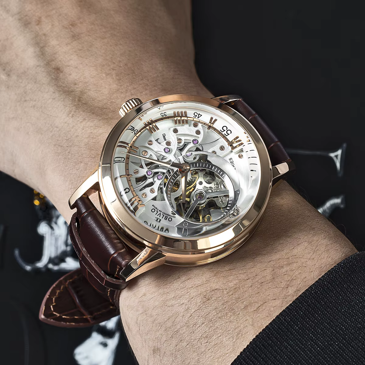 OBLVLO Luxe Rétro Casual Hommes Squelette Automatique Montres Mécanique Bracelet En Cuir De Veau Cristal Minéral Verre Étanche Cadran 45 VM