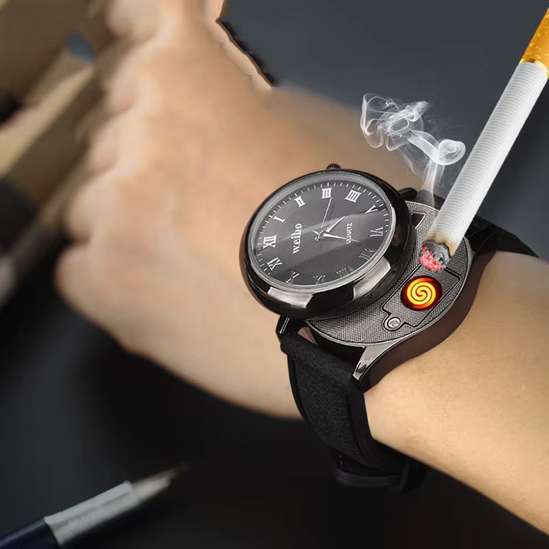 Montre en métal coupe-vent pour homme, briquet sans flamme, Rechargeable USB, outil exquis, gadget cadeau
