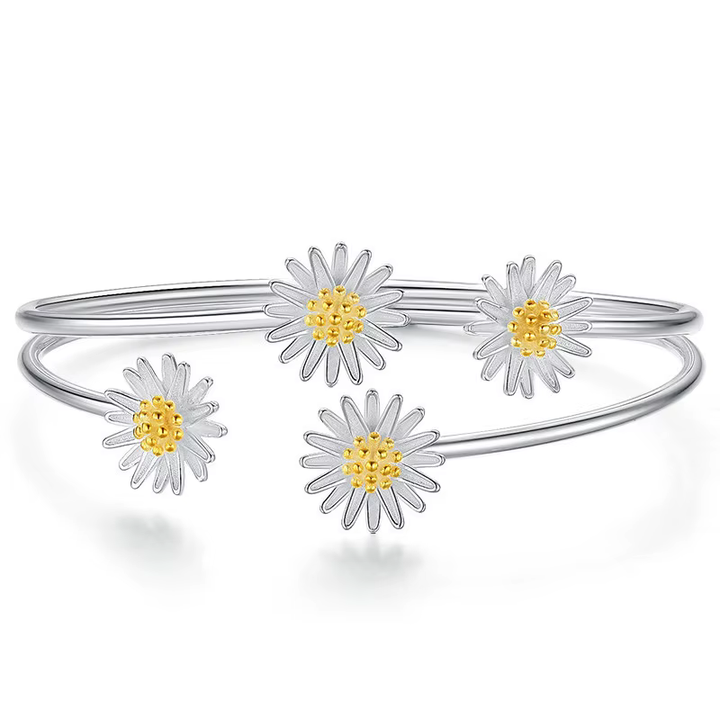 Bracelet manchette réglable en argent Sterling 925 véritable pour femmes, breloque fleur de marguerite, élégant, bijoux cadeau de fête de mariage