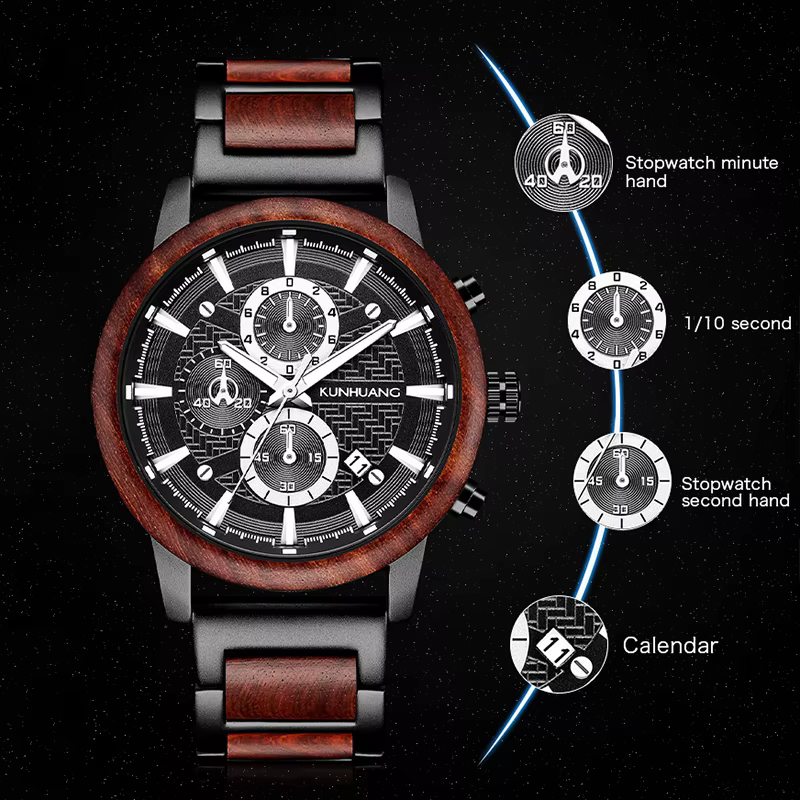 KUNHUANG montres en bois de luxe lumineux multi-fonction