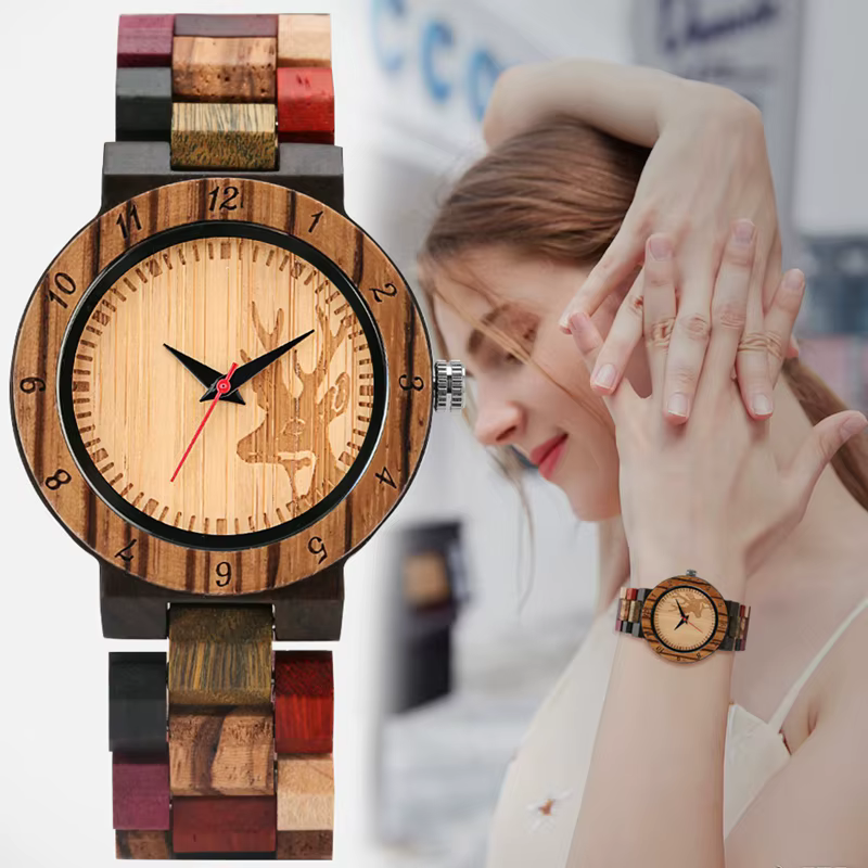 Montre-bracelet analogique à quartz en bois pour femme
