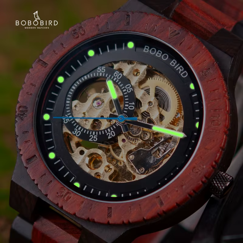BOBO BIRD Montre mécanique en bois pour hommes Montre-bracelet automatique de luxe Aiguilles lumineuses Chronographe Logo personnalisé Personnaliser Grande boîte-cadeau Support de bijoux élégant en gr