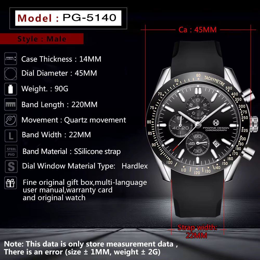 PAGRNE DESIGN Nouvelle montre à quartz pour homme de 45 mm