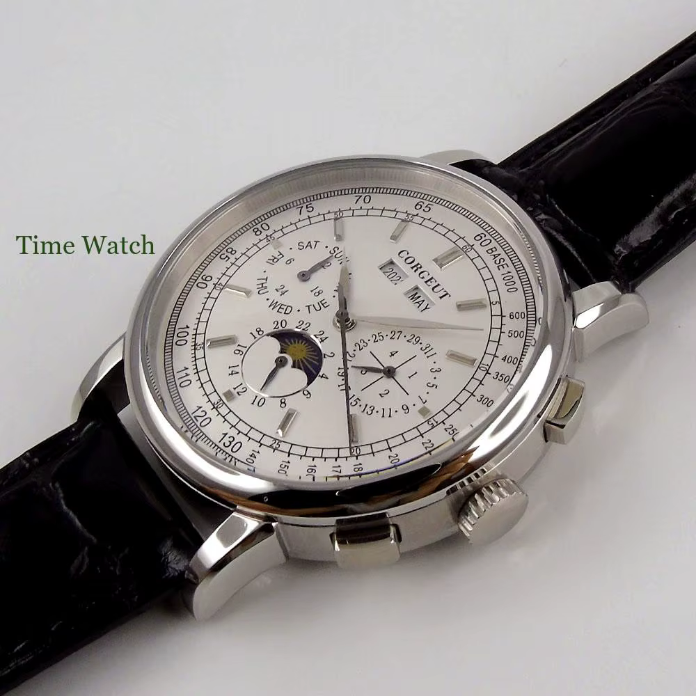 42mm Corgeut montre automatique pour hommes montres mécaniques jour Date mois année calendrier multi-fonction 316L jour-nuit bracelet en cuir
