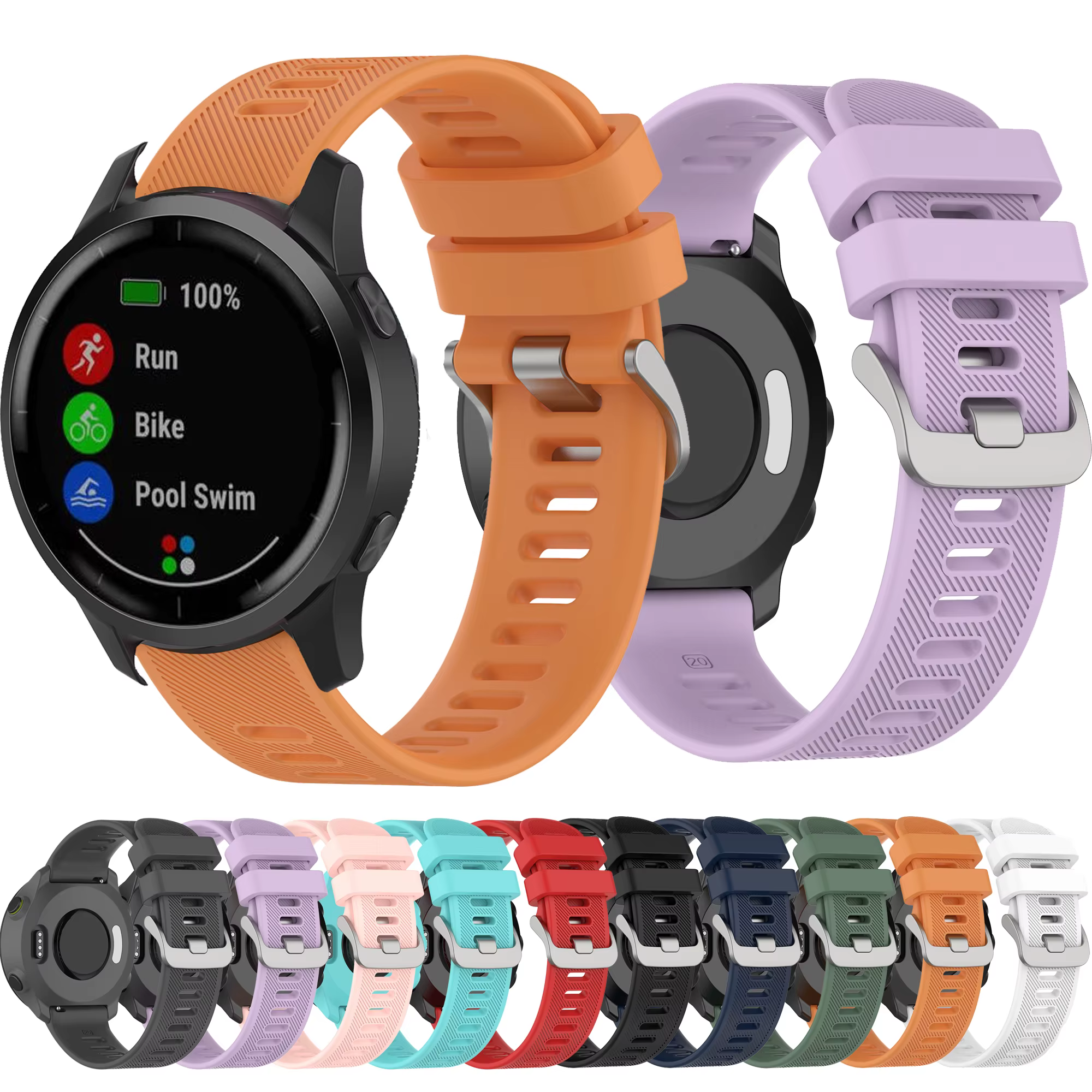 Bracelet de montre en silicone avec bouton officiel, bracelet de sport, Garmin 245, Forerunner 245M, 645, Vivoactive 3, Venu, Venu SQ