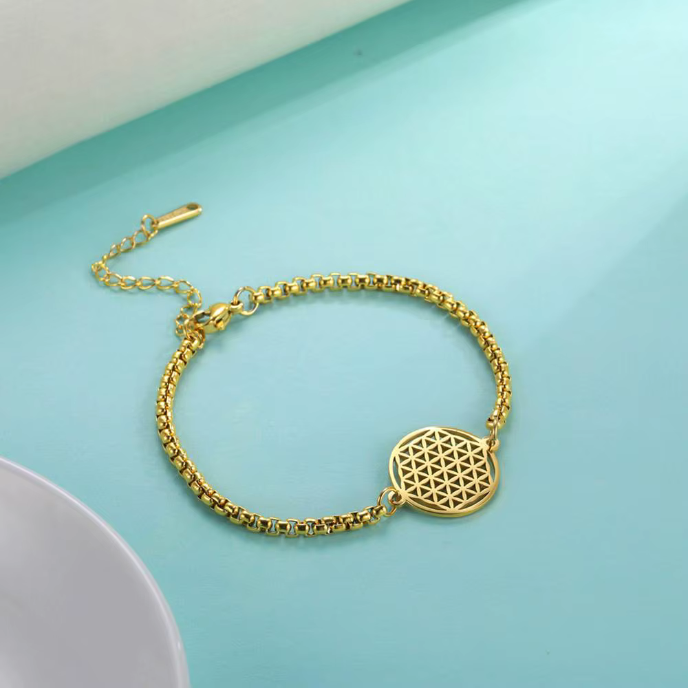 Bracelet à breloques Mandala fleur de vie, boîte en acier inoxydable, chaîne, amulette, géométrie sacrée, bijoux cadeaux pour femmes et hommes