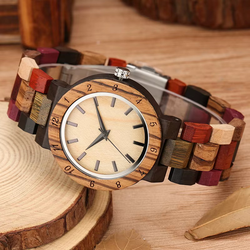 Montre-bracelet analogique à quartz en bois pour femme