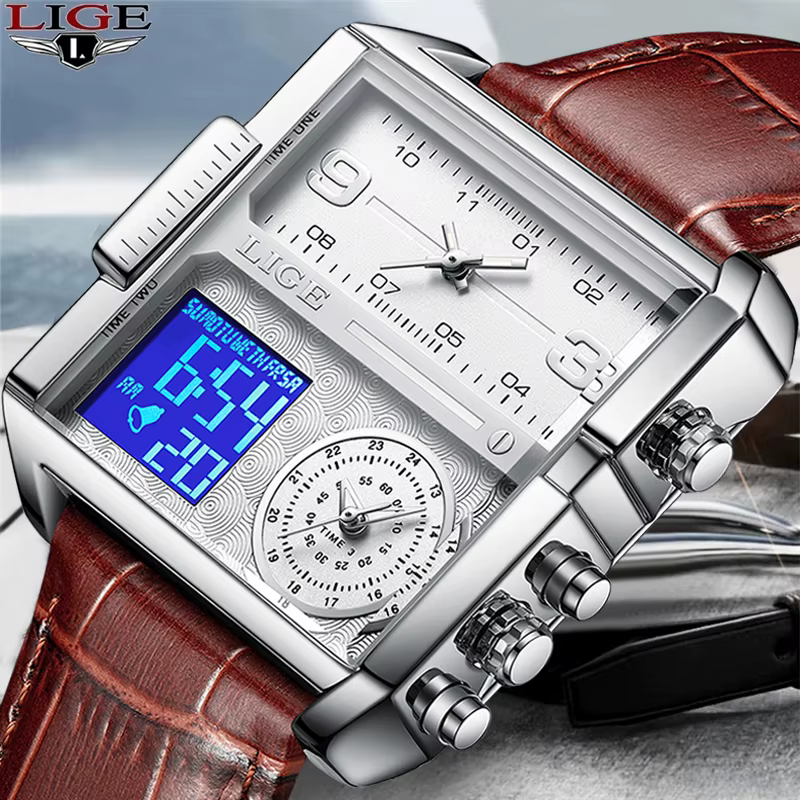 LIGE 2025 Top marque de luxe hommes montres carré numérique sport Quartz montre-bracelet