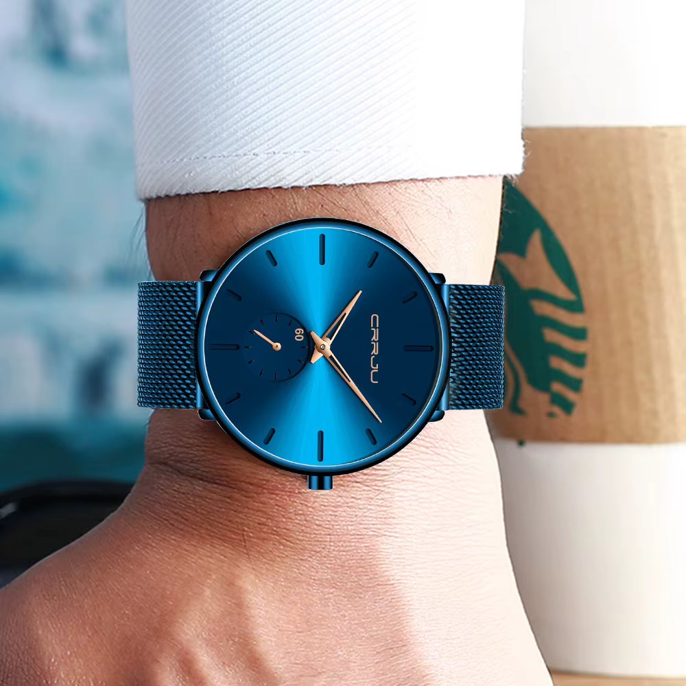 CRRJU mode bleu hommes montre haut de gamme marque minimaliste Ultra-mince
