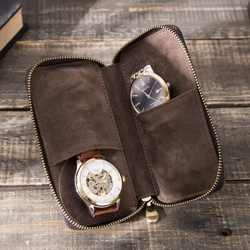 Boîte de montre en cuir rustique à 2 fentes