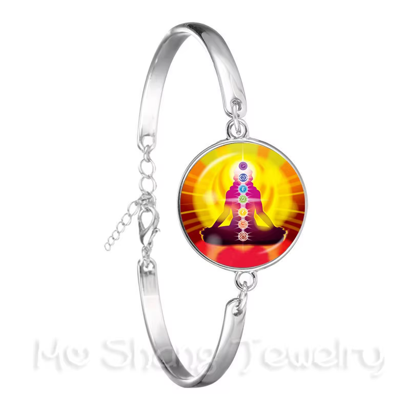 Bracelet Mandala en verre, Cabochon, géométrie sacrée, Yoga Om, chaîne plaquée argent pour femmes, 2018