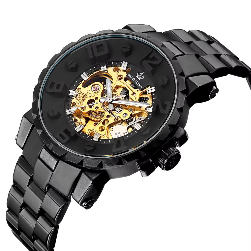 ORKINA montres pour hommes de luxe haut de gamme en acier inoxydable noir 3ATM étanche automatique auto-vent squelette