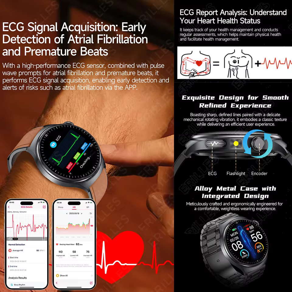 2026New santé Sport ECG AI diagnostic montres intelligentes hommes fréquence cardiaque pression artérielle IP68 étanche