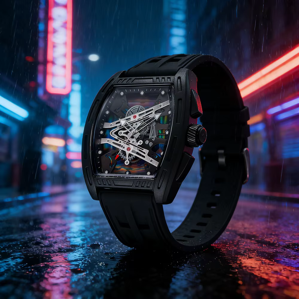 Montre Homme Tonneau Squelette Lumineuse Quartz Cadran Iridescent Bracelet Silicone Sport
