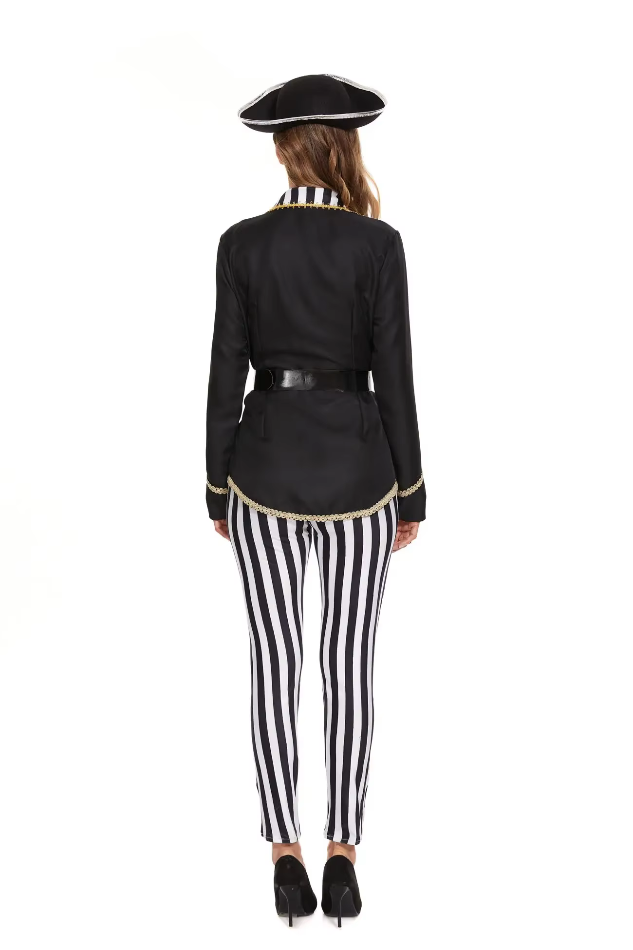 Costume de capitaine pirate pour femmes, pantalon rayé noir et blanc, tenue de cosplay pour Halloween, déguisement de carnaval, robe de fantaisie avec chapeau