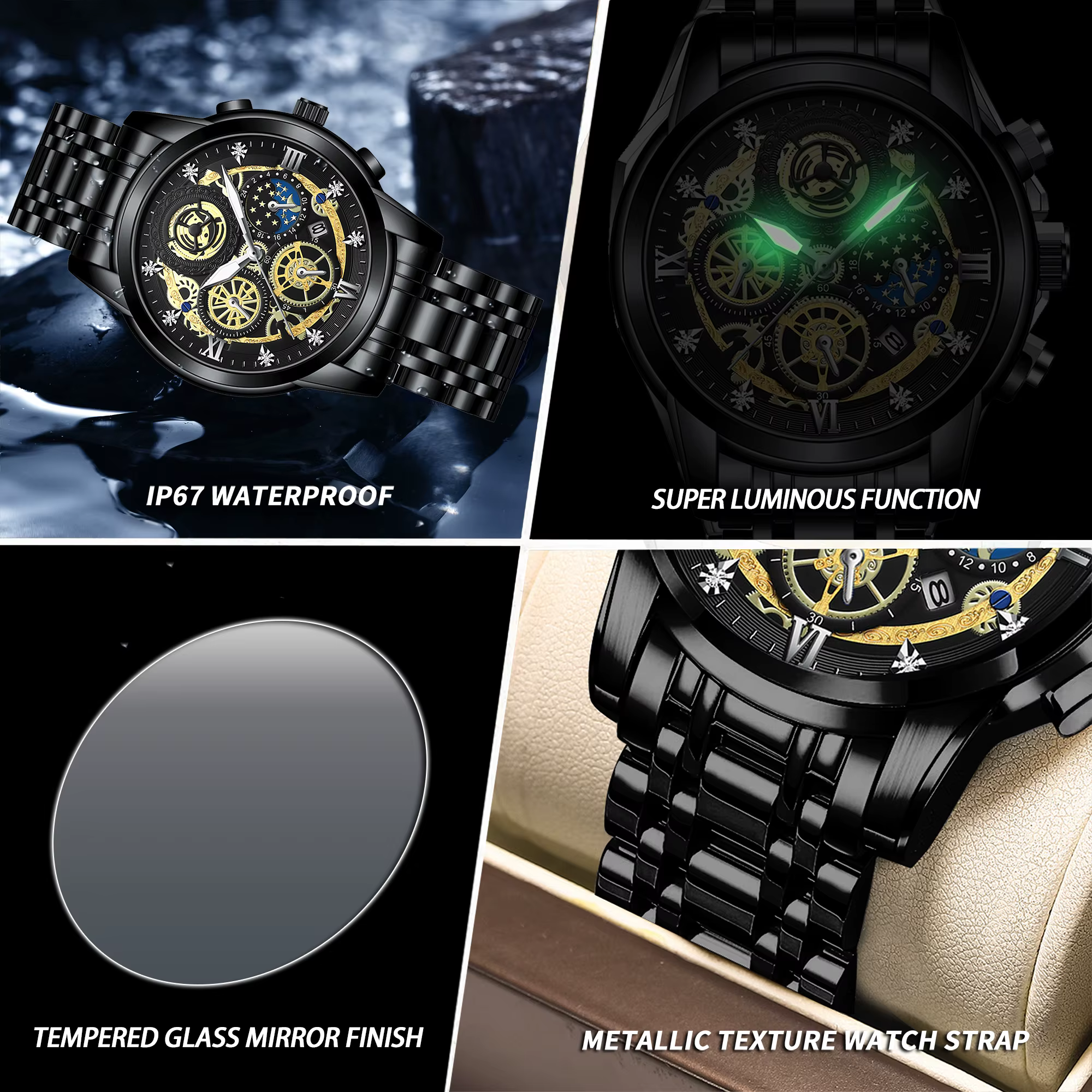 BINBOND luxe Quartz pour hommes montre bracelet en acier inoxydable cadran