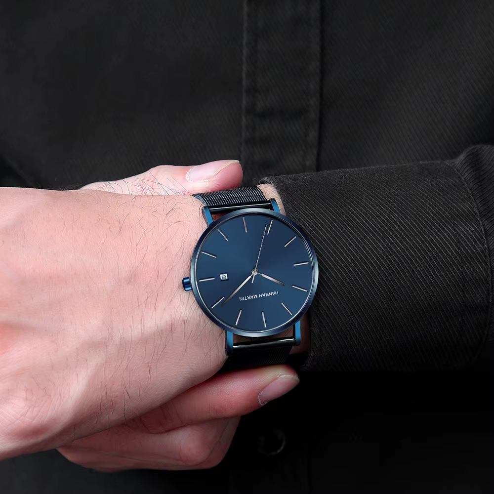 Classique Bauhaus Design hommes montre bleu foncé japon Quartz étanche en acier inoxydable mode affaires calendrier Ultra mince montres