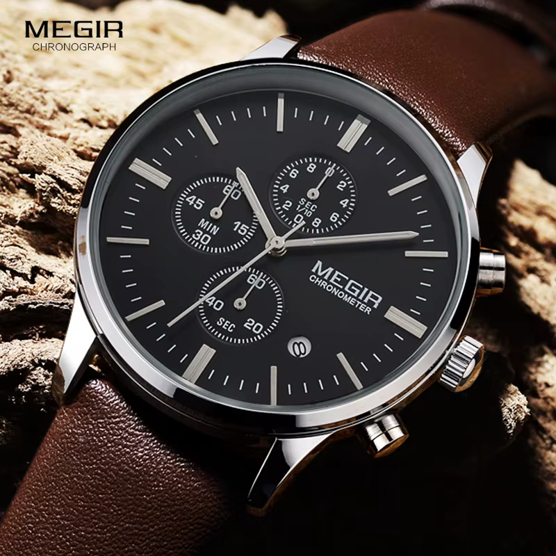 Mode Megir 2011 Top marque Quartz hommes lumineux étanche montre de sport homme Commercial en cuir véritable affaires montres