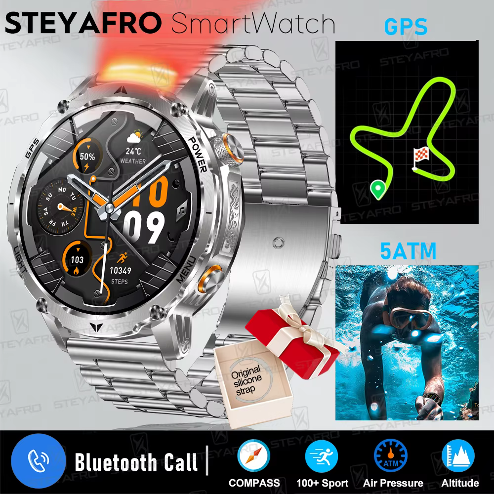 Montres GPS militaires, batterie 1100mAh, montre intelligente pour hommes, sport de plein air, boussole, lampe de poche, étanche 10ATM, fréquence cardiaque, appel Bluetooth