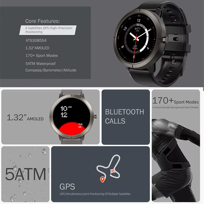 Montre connectée GPS 2026 AMOLED 1.32 HD avec appels Bluetooth, étanche 5ATM, 170 modes sportifs, batterie grande capacité 360mAh, bracelet remplaçable