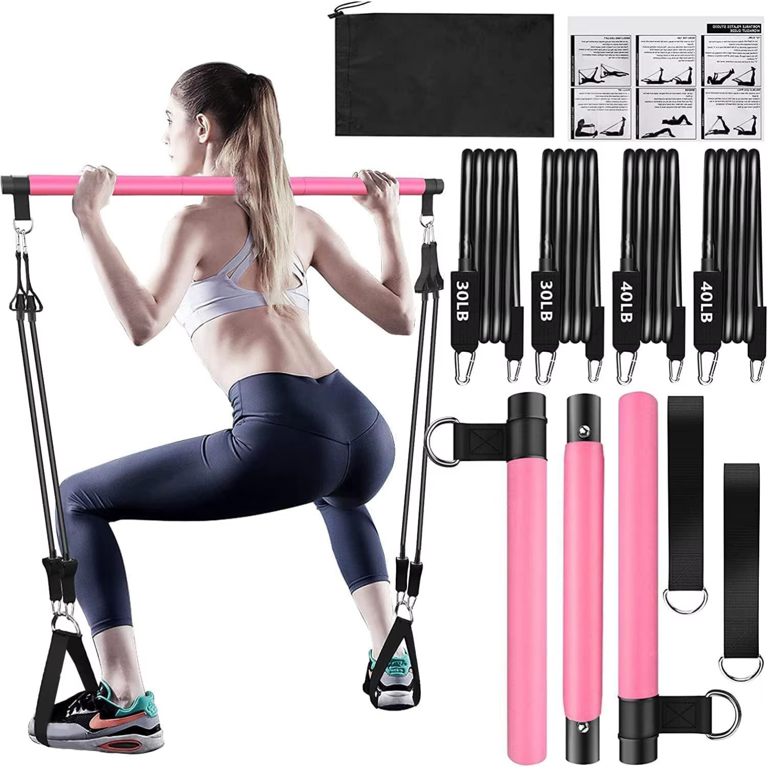 Kit de barre de Pilates avec bandes de résistance réglables, équipement d'entraînement à domicile, barre de musculation pour le corps entier, pour le yoga, la remise en forme et le renforcement du tro