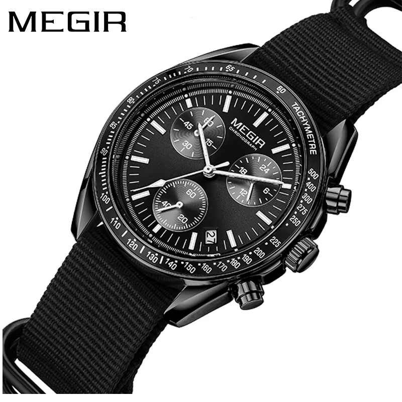 MEGIR 2247 Sport nouvelle montre noire chronographe décontracté vie tissage bracelet Quartz étanche montre-bracelet pour homme