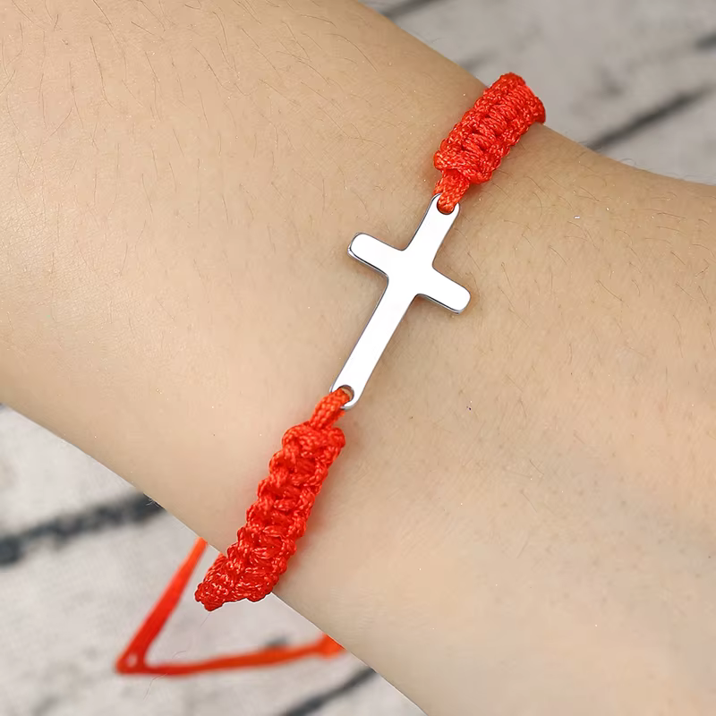 Bracelets de Couple en corde tressée, croix Simple, noir et blanc, couleur argent, réglable, bijoux chrétiens