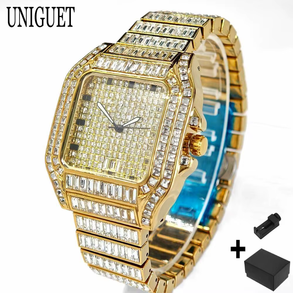 Montre en or de luxe pour hommes marque de mode UNIGUET Hip Hop pleine Baguette diamant bijoux Quartz montre-bracelet Mans Relogio Masculino