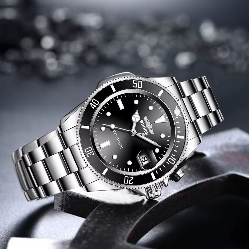 WINNER 002 montre-bracelet mécanique automatique pour hommes aiguilles lumineuses Date mode acier inoxydable et bracelet en cuir horloge cadeaux