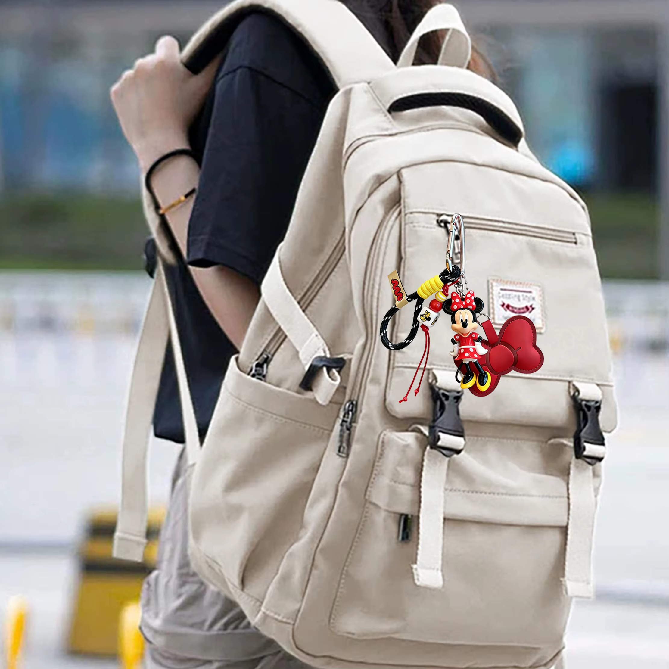 Porte-clés Minnie Mouse, porte-clés Minnie avec sangle tressée et breloque nœud, joli pendentif Minnie pour sac à dos, clés, sac à main