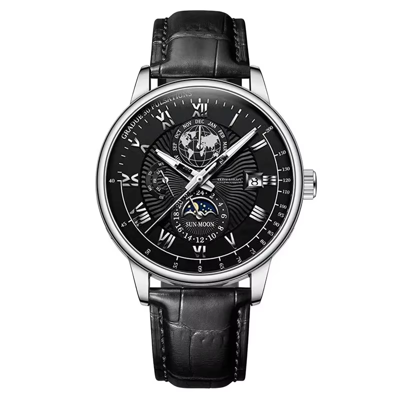 2025 montre pour hommes chronographe Phase de lune motif lumineux haut de gamme Sport homme montre-bracelet en cuir