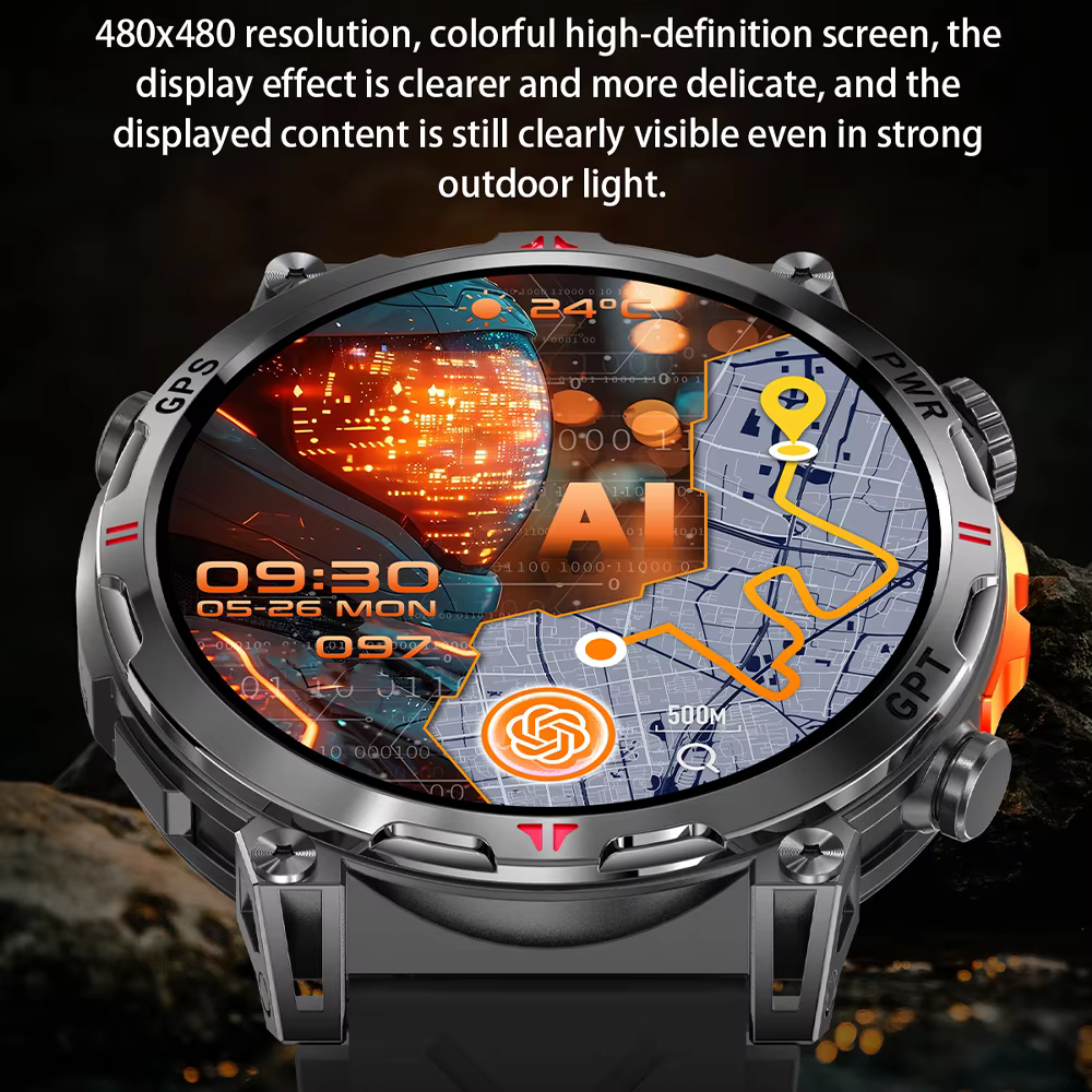 Nouveau KC93 montre intelligente 1.56 pouces AMOLED GPS positionnement Sports de plein air Fitness Tracker Bluetooth appel grande batterie Smartwatch