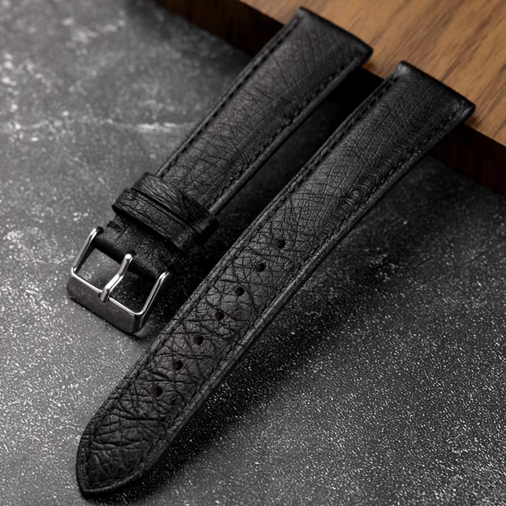 Bracelet noir en cuir d'autruche sud-africain fait à la main 18 19 20 21 22MM