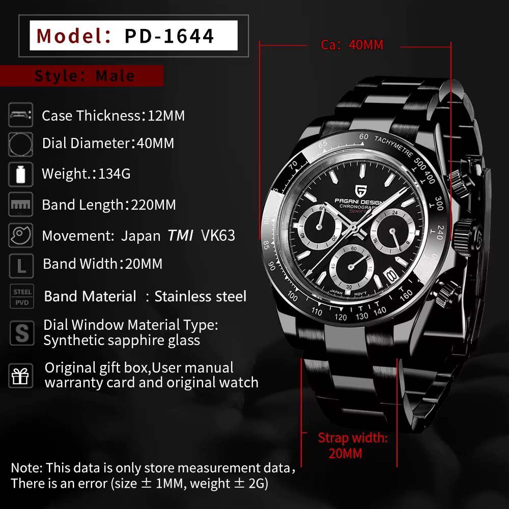 PAGANI DESIGN – montre à Quartz noire pour hommes