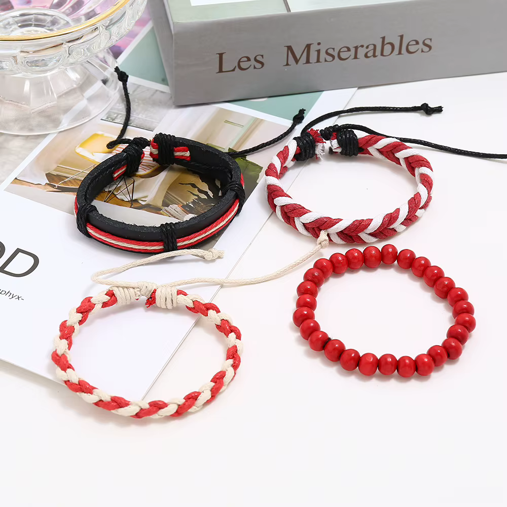 Bracelet classique en cuir tressé rouge pour homme
